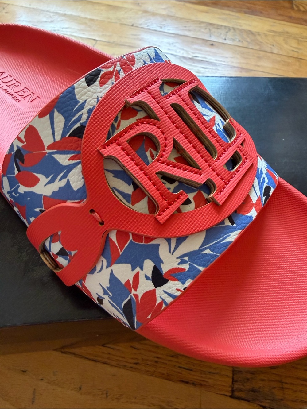 Lauren Ralph Lauren Red Floral Slide with Monogram Accent